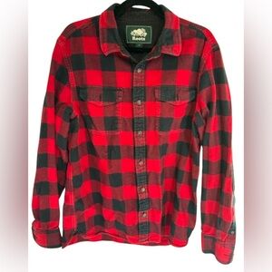 Roots Buffalo Red Plaid long sleeve button up with elbow detail size L